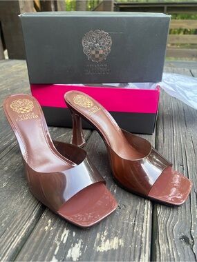Vince Camuto Brown Patent Open-Toe Slide Heels
